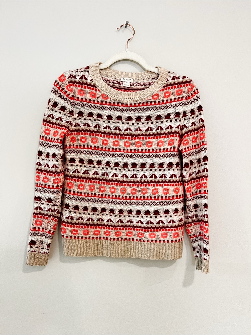 J. Crew Nordic Fair Isle Crewneck Sweater in Coral, Cream & Brown